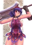  areola_slip areolae armpit_hair breasts cattleya cattleya_(cosplay) cosplay glasses highres huge_breasts nipples queen's_blade revealing_clothes solo sword touhou usagi_niku weapon yasaka_kanako 