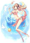  absurdres anklet armpits ball barefoot beachball bikini blonde_hair blue_eyes breasts cleavage digital_media_player food hat headphones highres jewelry keypot large_breasts legs long_hair mouth_hold navel no_panties original pink_sarong popsicle sarong solo swimsuit underboob wardrobe_malfunction water 