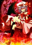  bad_id bad_pixiv_id black_legwear crossed_legs dress fire frills full_moon glowing glowing_eyes hat highres kneehighs magic_circle moon purple_hair red_eyes red_moon remilia_scarlet short_hair sitting smile socks solo touhou wings wrist_cuffs zen_o 