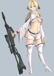  areolae bad_id bad_pixiv_id belt blonde_hair blue_eyes boots breasts full_body gun hair_ribbon large_breasts legs long_hair midriff navel original pandea_work ribbon skirt solo thigh_boots thighhighs underboob weapon wristband 