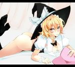  ass bad_id bad_pixiv_id blonde_hair blush bottomless bow braid breasts cleavage downblouse feet hair_bow hat kirisame_marisa letterboxed lying medium_breasts no_panties on_stomach pillow short_hair side_braid solo takaharu tears touhou wavy_hair witch_hat wrist_cuffs yellow_eyes 