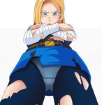  android_18 angry artist_request belt blonde_hair blue_eyes blush crossed_arms dragon_ball dragon_ball_z earrings from_below jewelry panties panties_under_pantyhose pantyhose pencil_skirt short_hair skirt solo torn_clothes torn_legwear underwear upskirt 