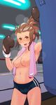  armpits bad_id bad_pixiv_id boxing_gloves breasts brown_eyes brown_hair buruma ma70 medium_breasts nipples original ponytail punching_bag solo sweat topless towel 