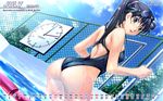  ass black_hair brown_eyes calendar_(medium) clock competition_swimsuit copyright_request dutch_angle goggles goggles_on_head highres july kobapyon long_hair one-piece_swimsuit ponytail pool poolside solo swimsuit wallpaper wet 