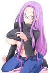  black_panties breasts fate/hollow_ataraxia fate/stay_night fate_(series) glasses highres huge_breasts long_hair low-tied_long_hair no_bra panties pink_eyes purple_hair rider sitting underboob underwear undressing very_long_hair zanku 