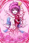  blood eyes flower hairband heart komeiji_satori no_nipples open_clothes purple_hair rapan red_eyes short_hair smirk solo touhou veins 