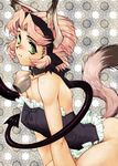  animal_ears arched_back bad_id bad_pixiv_id bell bell_collar blush collar eyebrows_visible_through_hair green_eyes hairband kajiyama_hiroshi leotard nose_blush original parted_lips patterned_background pink_hair short_hair solo tail 