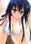  absurdres aqua_eyes blue_hair blush bra breasts copyright_request green_eyes hanging_breasts highres lingerie long_hair medium_breasts muririn panties solo striped striped_bra striped_panties underwear underwear_only 