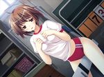  ahoge artist_request blush brown_eyes brown_hair buruma cameltoe circus_(studio) crotch_rub dutch_angle gym_storeroom gym_uniform hurdle indoors kusakabe_hinata midriff panties panties_under_buruma rpg_gakuen short_hair solo underwear vaulting_horse white_panties wooden_horse 