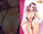  action_pizazz breasts cleavage curtains curvy huge_breasts mature pon_takahanada purple_hair slingshot_swimsuit solo sweat swimsuit wallpaper zoom_layer 