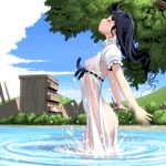  bad_id bad_pixiv_id blue_hair closed_eyes cloud cowboy_shot day girl_with_golden_shoe kin_no_kutsu_gin_no_kutsu long_hair masao no_bra no_panties original ripples see-through sky solo tree wading water wet wet_clothes 