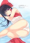  ass bad_id bad_pixiv_id black_hair bow condom condom_in_mouth hair_bow hakurei_reimu highres iroha_(unyun) mouth_hold one_eye_closed red_eyes short_hair solo swimsuit touhou trefoil white_swimsuit 