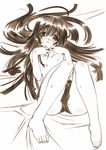  bakemonogatari barefoot bed black_hair blush copyright_request covering covering_breasts feet foreshortening graphite_(medium) hands highres long_hair lying monochrome monogatari_(series) on_back sengoku_nadeko senomoto_hisashi solo traditional_media very_long_hair 