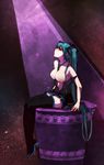  aqua_hair bad_id bad_pixiv_id bare_shoulders bettols breasts hatsune_miku highres large_breasts long_hair necktie open_clothes open_shirt red_eyes shirt sitting skirt solo thighhighs twintails very_long_hair vocaloid zettai_ryouiki 