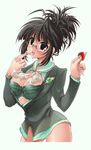  akizuki_ritsuko bad_id bad_pixiv_id black_hair bra folded_ponytail food fruit glasses highres holding holding_food holding_fruit idolmaster idolmaster_(classic) lingerie mima_chi solo strawberry underwear whipped_cream 