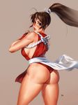  agnidevi ass back breasts brown_eyes brown_hair fatal_fury huge_ass japanese_clothes long_hair looking_back medium_breasts motion_blur panties pelvic_curtain ponytail realistic revealing_clothes shiranui_mai sideboob simple_background solo the_king_of_fighters underwear 