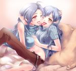  bad_id bad_pixiv_id blue_hair breasts couple highres idolmaster idolmaster_(classic) kisaragi_chihaya kiss large_breasts long_hair miura_azusa multiple_girls one_eye_closed red_eyes sweater tongue yellow_eyes yuri yurine 