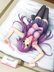  bakemonogatari blue_eyes condom condom_in_mouth futon long_hair lying monogatari_(series) mouth_hold on_back purple_hair school_uniform senjougahara_hitagi solo tai_(2vs) thighhighs tissue_box zettai_ryouiki 