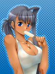  ahoge blue_eyes breasts cleavage dark_skin food grey_hair halftone halftone_background huge_ahoge large_breasts original popsicle sexually_suggestive solo yagisaka_seto 