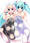  ahen aqua_eyes blonde_hair blue_eyes breasts crossed_legs feet hair_ribbon hand_on_own_chest hatsune_miku kagamine_rin long_hair medium_breasts multiple_girls nipples no_nose pantyhose pov_feet ribbon short_hair sitting smile soles topless twintails very_long_hair vocaloid white_legwear 