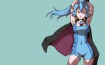  armpits blue_eyes blue_hair bodysuit breasts cameltoe cape dave_cheung earrings gym_leader ibuki_(pokemon) jewelry pokemon pokemon_(game) pokemon_hgss ponytail simple_background skin_tight solo 
