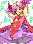  animal_print armpits bad_id bad_pixiv_id bat_print bat_wings blush cameltoe demon_girl elbow_gloves flat_chest gloves head_wings leotard lilith_aensland pantyhose print_legwear purple_hair red_eyes red_leotard short_hair solo succubus umitsuki vampire_(game) wings 