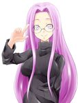  fate/hollow_ataraxia fate/stay_night fate_(series) glasses long_hair pink_eyes purple_hair rider solo sweater very_long_hair zanku 