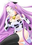  animal_ears animal_print bell breasts cow_bell cow_ears cow_girl cow_horns cow_print cow_tail fate/stay_night fate_(series) glasses horns huge_breasts long_hair purple_eyes purple_hair rider solo tail thighhighs very_long_hair zanku 