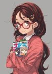  1girl bangs blush brown_hair closed_mouth collared_shirt commentary_request fine_fabric_emphasis glasses_day grey_background hair_ornament hairclip highres holding imigimuru kono_bijutsubu_niwa_mondai_ga_aru! long_hair long_sleeves looking_at_viewer original red-framed_eyewear red_sweater shirt simple_background smile solo sweater uchimaki_subaru upper_body usami_mizuki wing_collar 