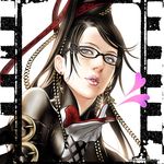  bayonetta bayonetta_(character) black_hair blue_eyes earrings glasses gloves heart jewelry lips mole mole_under_mouth solo wolfina 