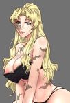  akabi_(alaburu) areolae balalaika_(black_lagoon) black_lagoon blonde_hair bra breasts green_eyes large_breasts lingerie lips long_hair mole mole_under_eye nipple_slip nipples panties ponytail scar simple_background solo underwear 