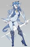  blue_footwear blue_hair blue_skin boots dual_wielding fins hair_censor hair_over_breasts hitowa holding long_hair monster_girl original personification ribs solo swordfish thigh_boots thighhighs weapon yellow_eyes 