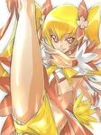  axe_kick bad_id bad_pixiv_id blonde_hair bow buruma cure_sunshine dodai_shouji flexible heartcatch_precure! high_kick highres kicking legs long_hair magical_girl midriff myoudouin_itsuki orange_eyes panties pantyshot precure shorts solo striped striped_panties underwear upshorts very_long_hair yellow_bow yellow_shorts 