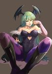  animal_print bare_shoulders bat_print bat_wings boots breasts chuppa_(katotsuba) cleavage demon_girl elbow_gloves fingerless_gloves gloves green_hair head_wings large_breasts legs leotard long_hair long_legs morrigan_aensland pantyhose pointy_ears print_legwear simple_background solo succubus thighs vampire_(game) wings 