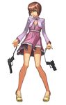  :p beretta_92 brown_hair chain dress green_eyes gun handgun legs original panties pantyshot pigeon-toed pistol sandals short_hair sig_sauer sig_sauer_p228 simple_background solo tongue tongue_out underwear uneven_eyes weapon white_panties yuksi 