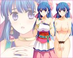  ayamiya_fumi bad_id bad_pixiv_id banned_artist bare_shoulders bdsm blue_hair blush bondage bound bound_wrists bow bracelet breasts choker cleavage dragon_quest dragon_quest_v dress earrings flora frown hair_bow half_updo jewelry large_breasts legs long_hair nipples open_mouth pink_bow purple_eyes smile zoom_layer 