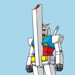  armor arms_at_sides blue_background clenched_hands commentary gundam mecha mobile_suit_gundam no_humans photoshop_(medium) robot rx-78-2 sanpei3 sexually_suggestive simple_background solo standing yellow_eyes 