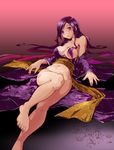  bare_shoulders barefoot bottomless breast_slip breasts copyright_request elf japanese_clothes kimono large_breasts legs long_hair moupii_(hitsuji_no_ki) nail_polish one_breast_out pink_nails pointy_ears purple_hair solo 