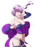  andrew_hibner ayane_(doa) bikini_bottom bow bowtie breasts censored dead_or_alive headband highres large_breasts lips ninja purple_hair red_eyes short_hair solo thighhighs 