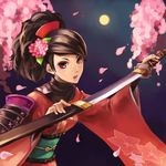  armor black_hair brown_eyes cherry_blossoms flower hair_flower hair_ornament headdress highres holding holding_sword holding_weapon japanese_armor japanese_clothes katana kimono left-handed meno_(pixiv) momohime moon night oboro_muramasa sheath shoulder_armor shoulder_pads sode solo sword unsheathing weapon 