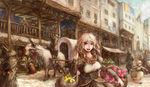  breasts curly_hair dress feathers flower ground_vehicle large_breasts original solo_focus tori_(qqqt) wagon yak 