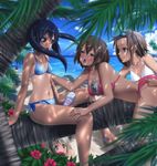  5girls akiyama_mio alcohol barefoot beach beer between_breasts bikini brand_name_imitation breasts dappled_sunlight day drooling drunk evian goggles goggles_on_head highres hirasawa_yui k-on! kotobuki_tsumugi multiple_girls nakano_azusa one-piece_tan saliva string_pull sunlight swimsuit tainaka_ritsu tan tanline taono_kinoko yuri yurijoshi 