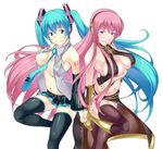  aqua_eyes aqua_hair asa_(xametaler) bad_id bad_pixiv_id blue_eyes boots breasts cleavage detached_sleeves hatsune_miku headphones holding_hands large_breasts long_hair megurine_luka multiple_girls navel necktie pink_hair pinky_out skirt smile thighhighs twintails vocaloid zettai_ryouiki 