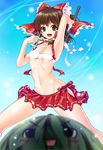  armpits bow brown_eyes brown_hair fangs flat_chest food fruit gohei hair_bow hakurei_reimu image_sample pixiv_sample sarashi short_hair solo spanking_momoko touhou watermelon yukkuri_shiteitte_ne 