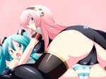  aqua_eyes aqua_hair ass blue_eyes blush hatsune_miku highres long_hair megurine_luka multiple_girls orebelt panties pink_hair skirt smile striped striped_panties take_your_pick thighhighs underwear vocaloid yuri 