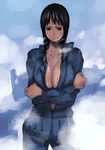  black_hair breasts brown_eyes cleavage jumpsuit large_breasts momo_moto nico_robin no_bra one_piece short_hair sketch solo sweat 