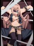  breasts condom condom_in_mouth eyepatch large_breasts long_hair megurine_luka mouth_hold navel pink_hair shin'ya_(nanp) skirt solo thighhighs torn_clothes vocaloid zettai_ryouiki 