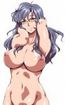  blush breasts glasses grey_eyes grey_hair large_breasts long_hair nipples nude original saruanu smile solo 