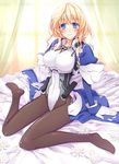  black_legwear blonde_hair blue_eyes blush breasts flower gloves ike_masato kyoukaisenjou_no_horizon large_breasts legs leotard long_hair mary_stuart pantyhose smile solo white_gloves 