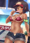  absurdres accessory_tan arm_support armband bad_id bad_pixiv_id beach bikini bikini_tan black_hair blush breasts brown_eyes cloud cowboy_shot day dutch_angle eating food fruit highres jpeg_artifacts looking_at_viewer medium_breasts navel ocean open_fly original outdoors plaid plaid_bikini popsicle rokushou_kokuu shiny shiny_skin short_shorts shorts sky solo standing sweat swimsuit tan tanline unzipped visor_cap watermelon wristband 